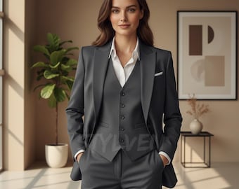 Women Grey 3 Piece Suit - Female Slim Fit Blazer for Office Formalwear | Lady Coat Pant for Wedding Official Ceremony, Prom and Bussiness