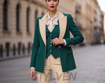 Stylish Women Emerald Green & Beige Suit | Elegant Chic Bridal Wedding Contrast Pantcoat | Modern Office Business Formal Co-ord 3 Piece Set