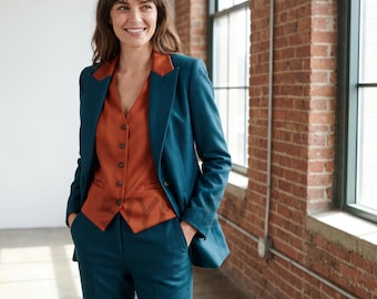 Women Teal Blue Contrast Suit | Burnt Orange Lapel Waistcoat Pantsuit | Tailored Business Wear | Wedding Guest Outfit | Female 3-Piece Suit
