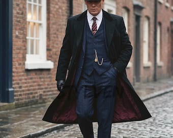 Peaky Blinders Style Suit | Shelby 1920 Navy Pinstripe Suit Black Overcoat & Hat | Vintage Retro Mobster Mafia Outfit - Cosplay Themed Party