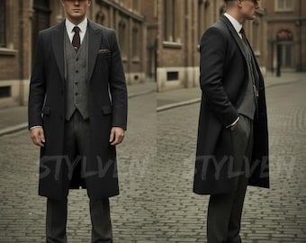 Peaky Blinders Dark Grey Tweed 3pc Suit – Thomas Shelby Inspired 1920s Gangster Outfit | Vintage Wool Overcoat & Newsboy Cap Gentleman Look