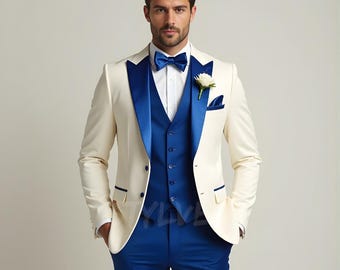 Designer Ivory & Royal Blue Tuxedo – Luxury 3 Piece Groom Wedding Suit | Contrast Two Tone Bespoke Tux | Prom, Party and Ceremony Wear Gift