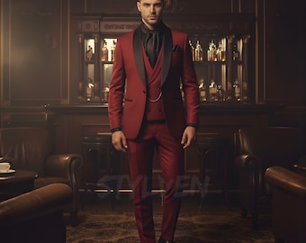 Luxury Red Tuxedo Suit with Black Lapel | 3 Piece Groom Maroon Wedding Tux | Vintage High End Old Money Designer Prom Party Fancy Outfit