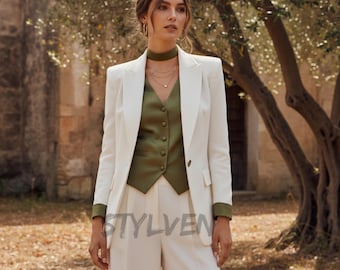 Chic Ivory Wide-Leg Pantsuit with Olive Green Silk Vest - Off White Tailored Blazer Flared Trousers | Modern Brides & Formal Wedding Events