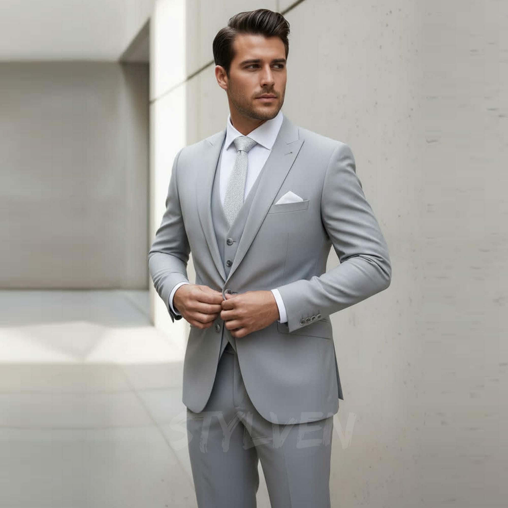 Light Grey Three Piece Suit for Men | Modern Office Business Attire | Elegant Formal Workwear | Classic Corporate & Wedding Outfit