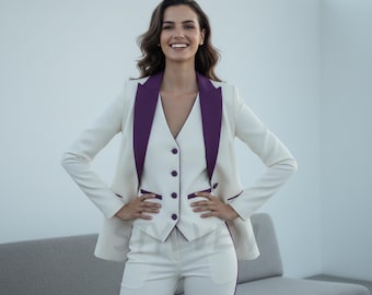 Modern White & Purple Women Tuxedo | Women Elegant Wedding Bridal Suit | Bold Contrast Two Tone Evening Gala Event - Fashion Slim Fit Attire