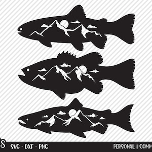 Fish Mountain Scenes SVG, Cut File, Outdoor Fishing Design, Summer Sun, Lake House Decor, Camp Shirt Design, Cricut, Silhouette, DXF, PNG