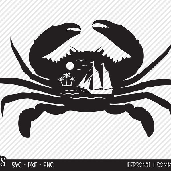 Crab Ocean Scene SVG, Cut File, Summer Shirt Design, Pirate Ship, Palm Trees, Sun, Nautical Bay House Decor, Cricut, Silhouette, DXF, PNG