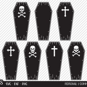 Könnte beinhalten: Satz mit sechs schwarzen SVG-Schnittdateien in Sargform, mit Totenkopf und Knochen, Kreuz und leeren Särgen.  SVG-, DXF- und PNG-Dateien sind enthalten.  Persönliche und kommerzielle Nutzung.
