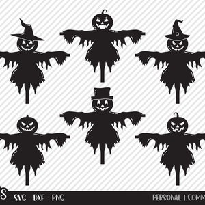 Puede incluir: Seis imágenes de silueta en blanco y negro de espantapájaros de Halloween con diferentes sombreros y expresiones faciales. Los espantapájaros están todos en posición de pie con los brazos extendidos.