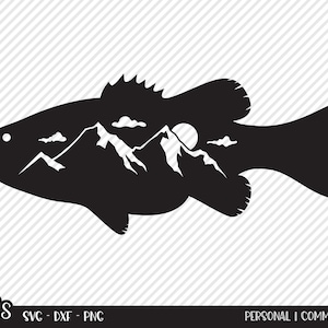 Bass Angeln SVG, geschnitten Datei, Outdoor-Fisch-Design, Berge, Sommer Sonne, See Haus Dekor, Camp Shirt Design, Cricut, Silhouette, DXF, PNG