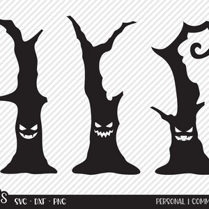May include: Three black silhouette spooky trees with scary faces. The trees have branches and a twisted trunk. The trees are isolated on a white background.