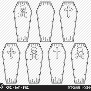 Könnte beinhalten: Schwarz-Weiß-Illustration von acht Särgen. Einige Särge zeigen einen Totenkopf mit gekreuzten Knochen, andere ein Kreuz. Das Bild enthält den Text "SVG - DXF - PNG" und "PERSONAL I COMMERCIAL".