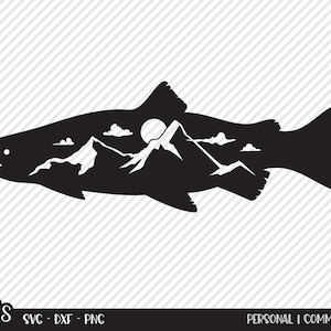 Zalm vissen SVG, Cut File, Outdoor Fish Design, Bergen, Zomer zon, Lake House Decor, Camp Shirt Design, Cricut, Silhouette, DXF, PNG