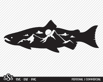 Salmon Fishing SVG, Cut File, Outdoor Fish Design, Mountains, Summer Sun, Lake House Decor, Camp Shirt Design, Cricut, Silhouette, DXF, PNG