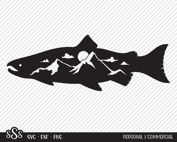 Salmon Fishing SVG, Cut File, Outdoor Fish Design, Mountains, Summer Sun, Lake House Decor, Camp Shirt Design, Cricut, Silhouette, DXF, PNG