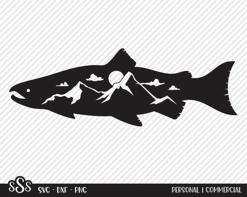 May include: Black silhouette of a fish with a mountain range, sun, and clouds inside. The design is a vector graphic, suitable for various applications. The bottom of the image includes the text "SVG - DXF - PNG" and "PERSONAL | COMMERCIAL".