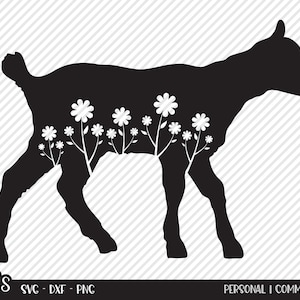 Könnte beinhalten: Schwarze Silhouette einer Ziege mit weißen Blumen innerhalb der Umrisse. Die Ziege geht mit dem Kopf nach rechts gedreht.