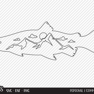 Lachs Umriss Berge SVG, Cut File, Outdoor Fisch Design, Sommer Sonne, See Haus Dekor, Camp Shirt Design, Cricut, Silhouette, DXF, PNG