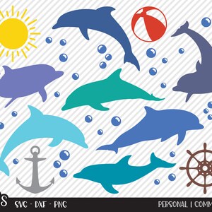 May include: A digital design featuring a yellow sun, a red beach ball, and seven blue, purple, green, and turquoise dolphins. The dolphins are swimming in a blue ocean with white bubbles. The design also includes a gray anchor and a brown ship's wheel.