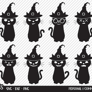 Cute Witch Cat SVG, Cut File, Halloween Shirt Design, Kitten Emoji, Cats, Fun Witches Hat, Haunted House Decor, Cricut, Silhouette, DXF, PNG