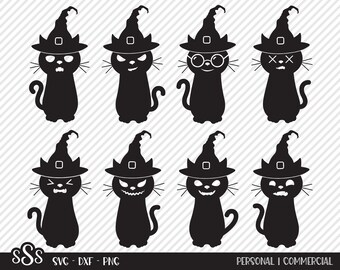 Cute Witch Cat SVG, Cut File, Halloween Shirt Design, Kitten Emoji, Cats, Fun Witches Hat, Haunted House Decor, Cricut, Silhouette, DXF, PNG