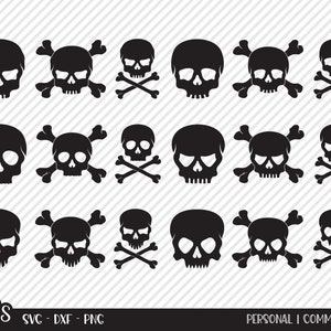 Puede incluir: Un conjunto de 16 archivos de corte SVG en blanco y negro de calaveras y huesos cruzados. Las calaveras son simples y estilizadas, con un aspecto clásico de pirata. Los huesos cruzados también son simples y estilizados, con un aspecto clásico de pirata.