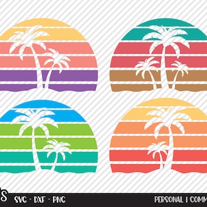 May include: Four digital designs featuring a retro sunset with palm trees. The sunsets are in different color combinations, including purple, orange, green, and red.