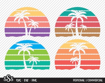 May include: Four digital designs featuring a retro sunset with palm trees. The sunsets are in different colour combinations, including purple, orange, green, and red.