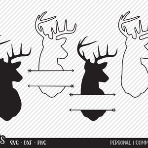 May include: A digital design file for a split monogram with a deer head silhouette. The design features two deer heads with antlers, each facing to the right, with a space for text in between. The design is perfect for creating personalized gifts or home decor.
