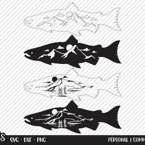 May include: Three black and white silhouette designs of a fish with a mountain range inside. The fish are facing right and have a fin on the top and bottom. The mountain range is stylized with a sun and clouds.