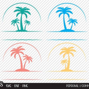 May include: Four variations of a palm tree silhouette design with a half-circle behind the trees. The trees are on a small island with water underneath. The colors are teal, blue, coral, and yellow.