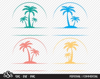 May include: Four variations of a palm tree silhouette design with a half-circle behind the trees. The trees are on a small island with water underneath. The colours are teal, blue, coral, and yellow.