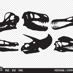 Dinosaur Skull Bundle SVG, Cut File, Dino Shirt Design Assets, Jurassic Dinosaurs, T-Rex, Triceratops, Raptor, Cricut, Silhouette, DXF, PNG