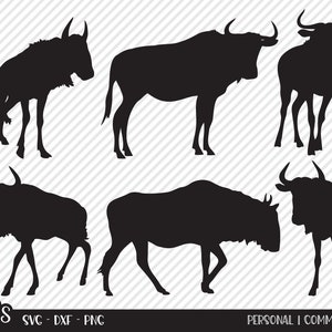 Może przedstawiać: Pięć czarnych sylwetkę gnu, afrykańskiego antylopę, w różnych pozach. Gnu są skierowane w różnych kierunkach i mają różne pozycje nóg. Obrazy są umieszczone na białym i szarym paskowanym tle.