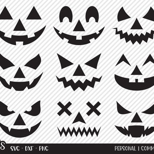 Op de afbeelding: Set van 10 zwart-witte pompoengezichts-SVG-snijbestanden voor Halloween. De gezichten omvatten een verscheidenheid aan uitdrukkingen, zoals glimlachen, fronsen en verrast zijn.