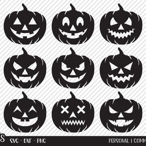 May include: Set of nine black and white pumpkin silhouette SVG cut files. Each pumpkin has a different facial expression, including smiling, frowning, and surprised.