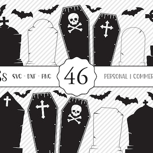 Könnte beinhalten: Ein Set mit 10 schwarzen und weißen Halloween-SVG-Schnittdateien. Das Set enthält Grabsteine, Särge, Fledermäuse und ein Kreuz. Der Text "SSS - SVG - DXF - PNG" und "46 PERSÖNLICH | KOMMERZIELL" ist im Bild enthalten.