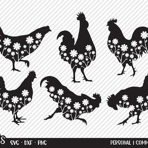 Chicken Flowers Bundle SVG, Cut File, Country Shirt Design Assets, Hen, Rooster, Chick, Ranch, Farmhouse Decor, Cricut, Silhouette, DXF, PNG