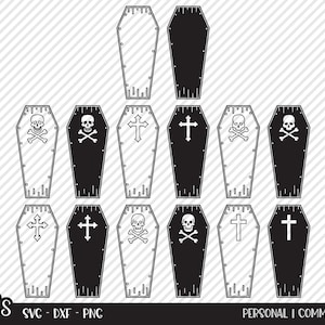 Könnte beinhalten: Set mit 12 schwarzen und weißen SVG-Schnittdateien für Särge. Die Särge haben verschiedene Designs, darunter ein Kreuz, Totenkopf und Knochen und ein leerer Sarg.