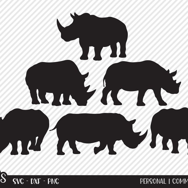 Rhinoceros Bundle SVG, Cut File, Wildlife Shirt Design Assets, Wild Animal, Cute Rhino, Fun Zoo Animals, Horn, Cricut, Silhouette, DXF, PNG