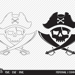 May include: Black and white silhouette of a pirate skull wearing a hat with crossed swords behind it.  The skull has one eye and a single tooth.