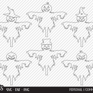 Puede incluir: Un conjunto de seis archivos de corte SVG en blanco y negro en arte lineal que representan espantapájaros de Halloween con cabezas de calabaza y sombreros. Los espantapájaros tienen los brazos extendidos y están de pie sobre un palo.