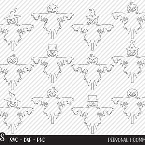 以下が含まれることがあります： ハロウィンのかかしをモチーフにした、黒と白の線画のSVGカットファイル12個セット。かかしは、魔女の帽子、シルクハット、カウボーイハットなど、さまざまな帽子をかぶっています。かかしは、腕を伸ばしたさまざまなポーズをとっています。