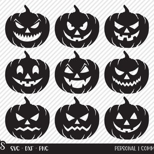 May include: Nine black and white pumpkin silhouette designs with different facial expressions. The pumpkins are all the same size and shape.
