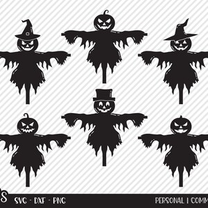 May include: Six black silhouette images of scarecrows with pumpkin heads and different hats. The scarecrows have outstretched arms and are standing on a white background.