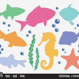 Aquarium Bundle SVG, geschnitten Datei, süße Fisch Design Elemente, Ozean Leben, Meerestiere, Seepferdchen, Kinder Shirt Kunst, Cricut, Silhouette, DXF, PNG