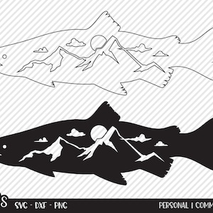 Lachs Paket SVG, Cut File, Outdoor Fisch Design, Berge, Sommer Sonne, See Haus Dekor, Camp Shirt Design, Cricut, Silhouette, DXF, PNG