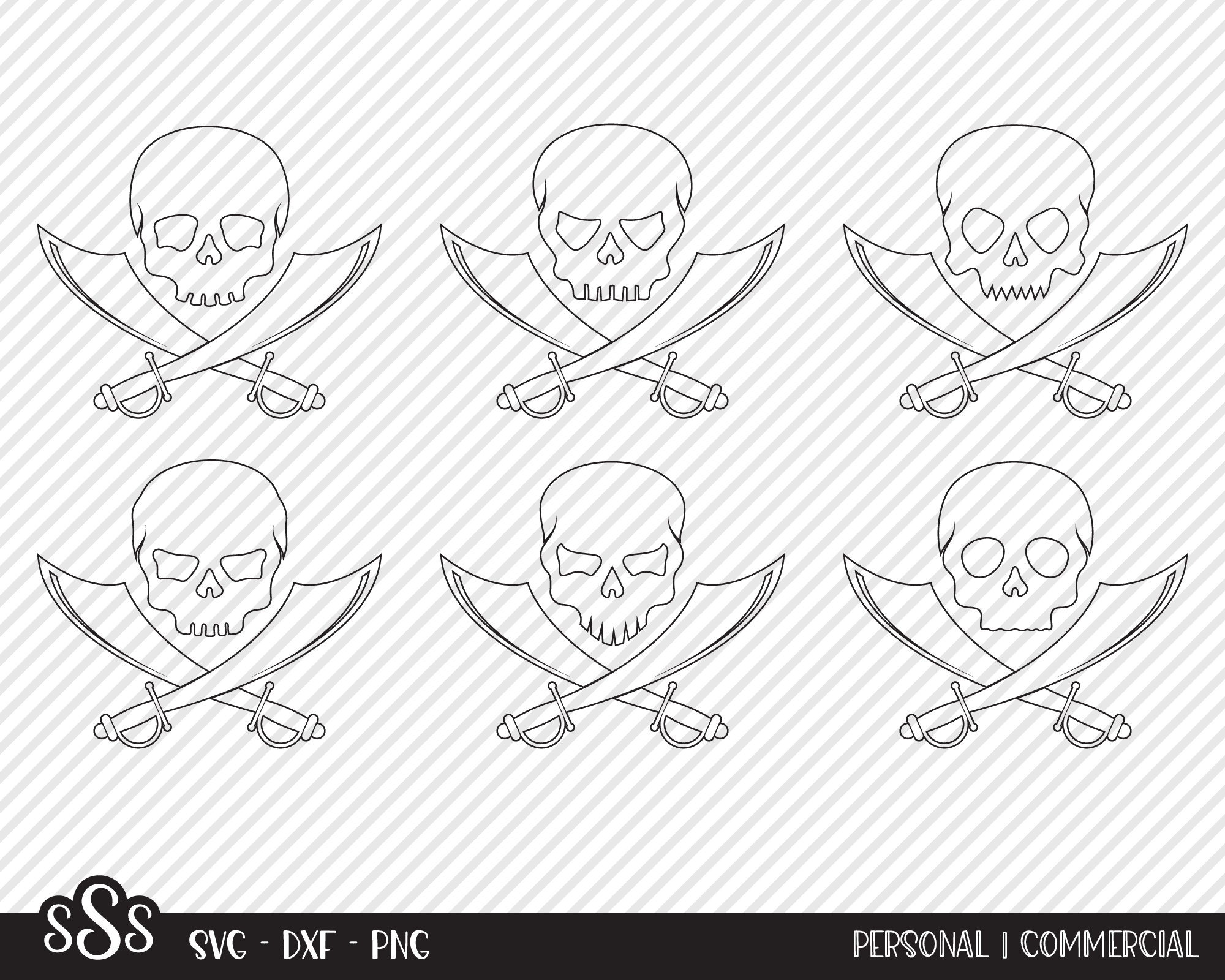Skull & Crossed Swords Outline Bundle SVG, Cut File, Summer Shirt ...