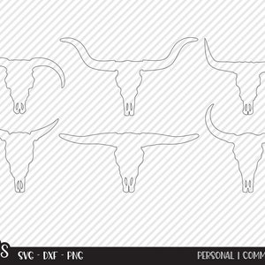 May include: Set of six black and white line art bull skull silhouettes. The skulls are facing forward with horns pointing out to the sides.